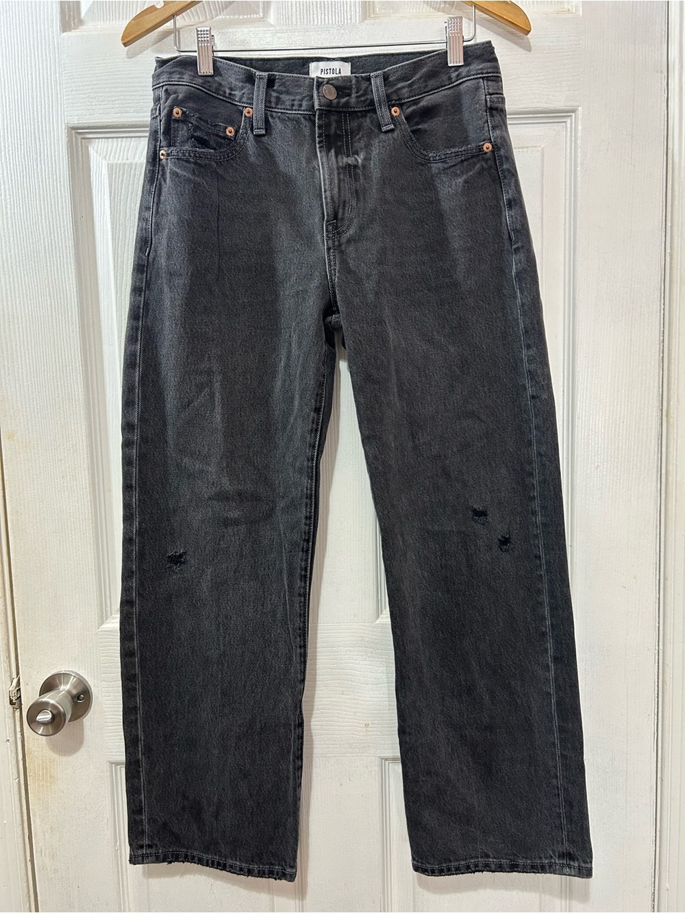 Pistola Washed Black Distressed Baggy Straight Leg Denim Jeans Size 27 Cropped